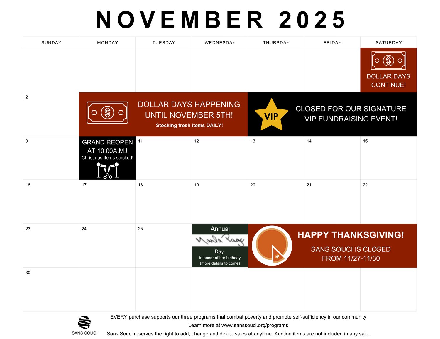 Sans Succi November 2025 Store Calendar